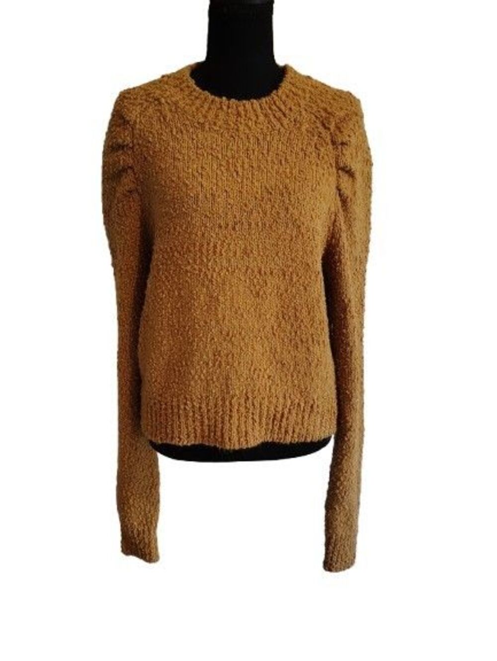 MinkPink Camel Textured Knit Puff Sleeve Crewneck Sweater Size Small Medium